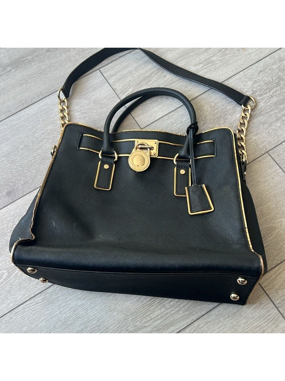 Michael Kors Black Leather Hamilton satchel Handbag with chain strap - Picture 3 of 12